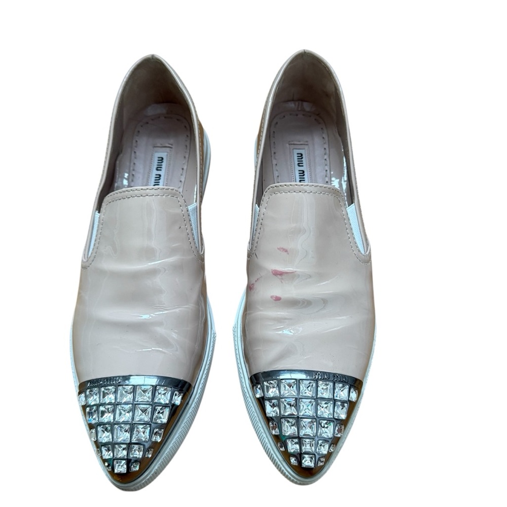 Miu Miu Nude Patent Leather Slip-On Loafers with Crystal Toe Cap